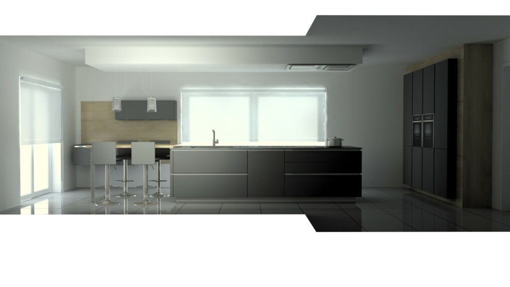 Cuisine Rotpunkt Zerox MA carbone avec îlot central en quartz City Grey à Cattenom.