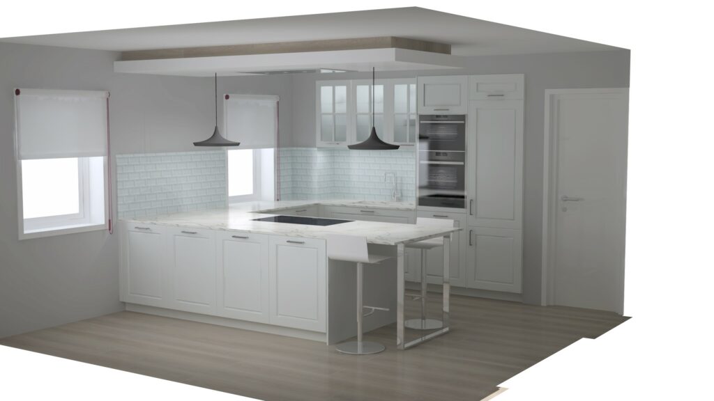 Cuisine Rotpunkt Savio LX Zero laqué mat blanc Snow avec plan de travail Dekton Aura veiné marbre.