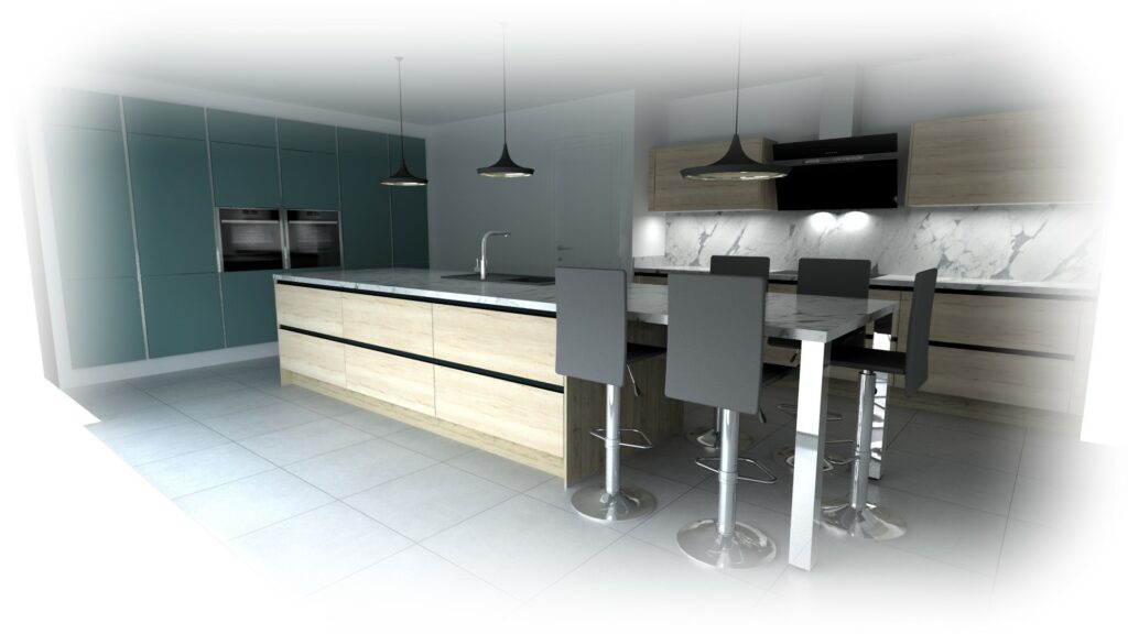 Cuisine moderne Rotpunkt Velvet Green et chêne Bardolia avec îlot central et plan de travail effet marbre.