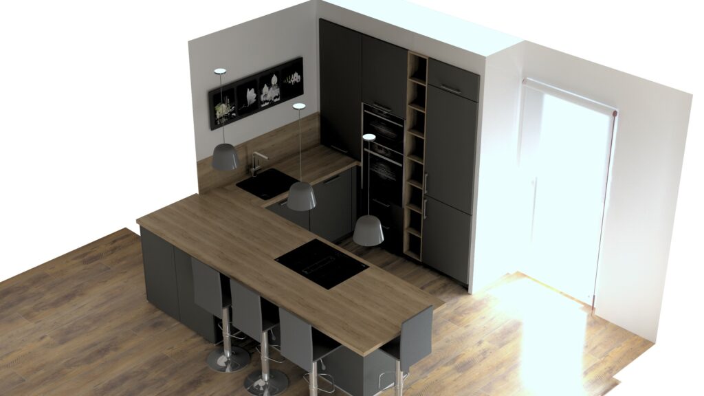 Cuisine moderne Rotpunkt Zerox MA coloris Dark Grey Steel avec plan de travail en chêne Old Split Oak, réalisée par Direct Cuisine.