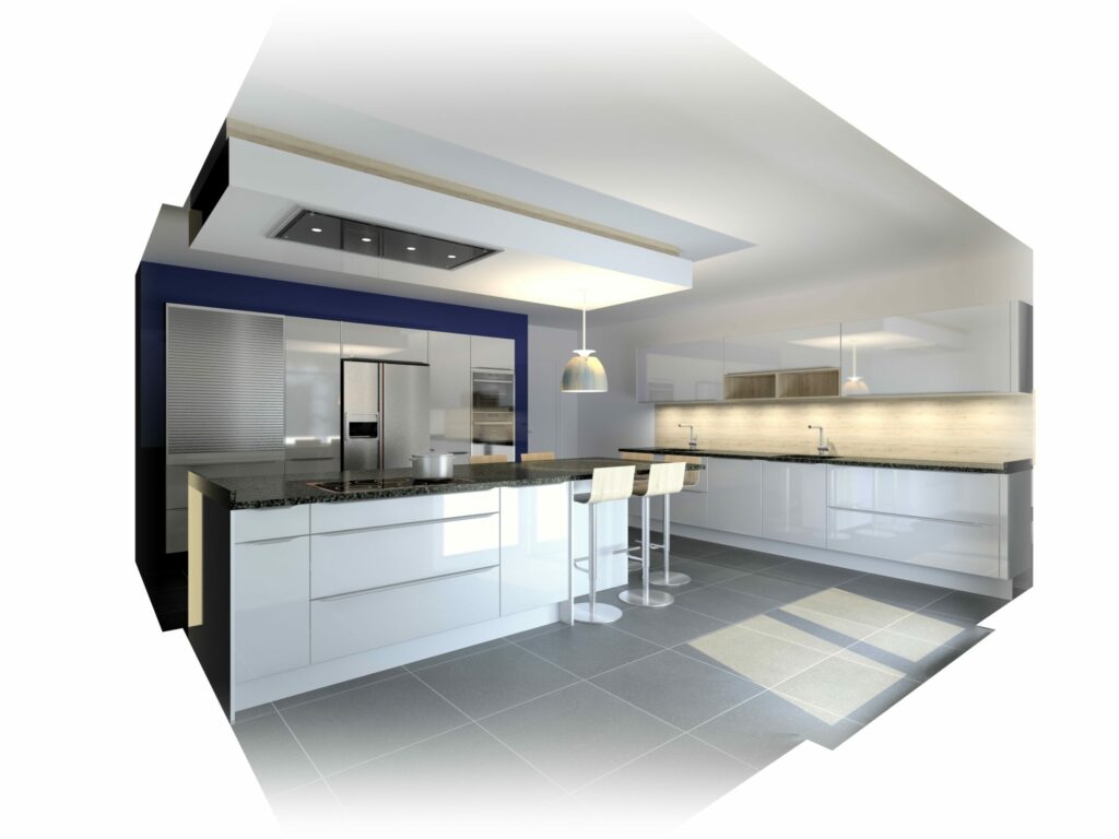 Cuisine moderne Rotpunkt Zerox HL blanche brillante avec îlot central et plan de travail en granit noir Nero Letano.