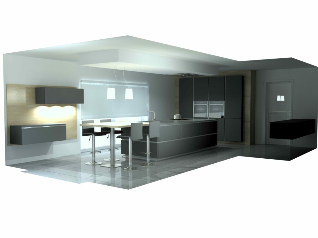 Détail îlot de cuisine avec plan de travail quartz City Grey et rangements suspendus.