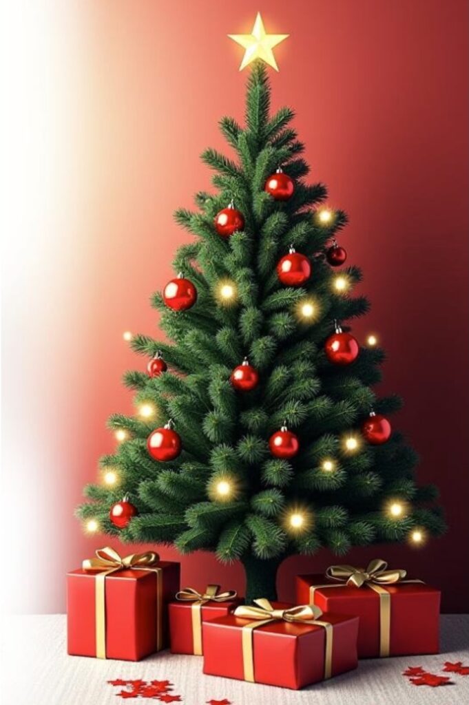 Sapin de Noël décoré avec boules rouges et cadeaux, illustration des fêtes de fin d’année chez Direct Cuisine