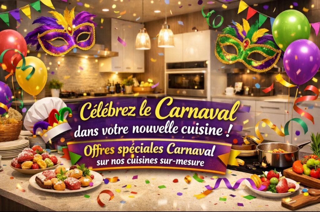 Offre promotionnelle spéciale Carnaval pour cuisines sur mesure avec décor festif, masques et gourmandises dans une cuisine moderne