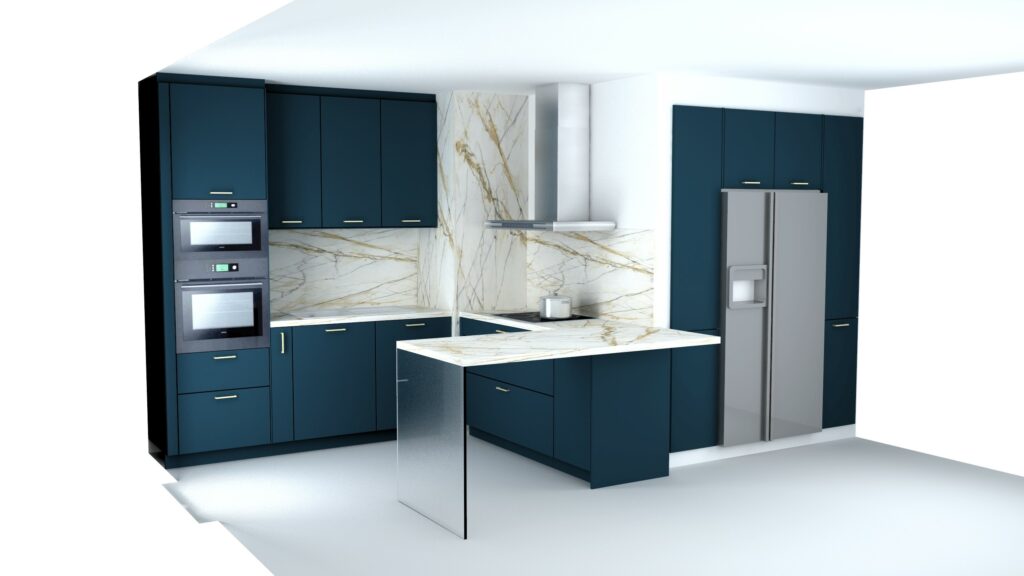 Cuisine moderne à Thionville avec îlot central, façades ROTPUNKT ZEROX MA Midnight Blue laque mate et plan de travail effet marbre