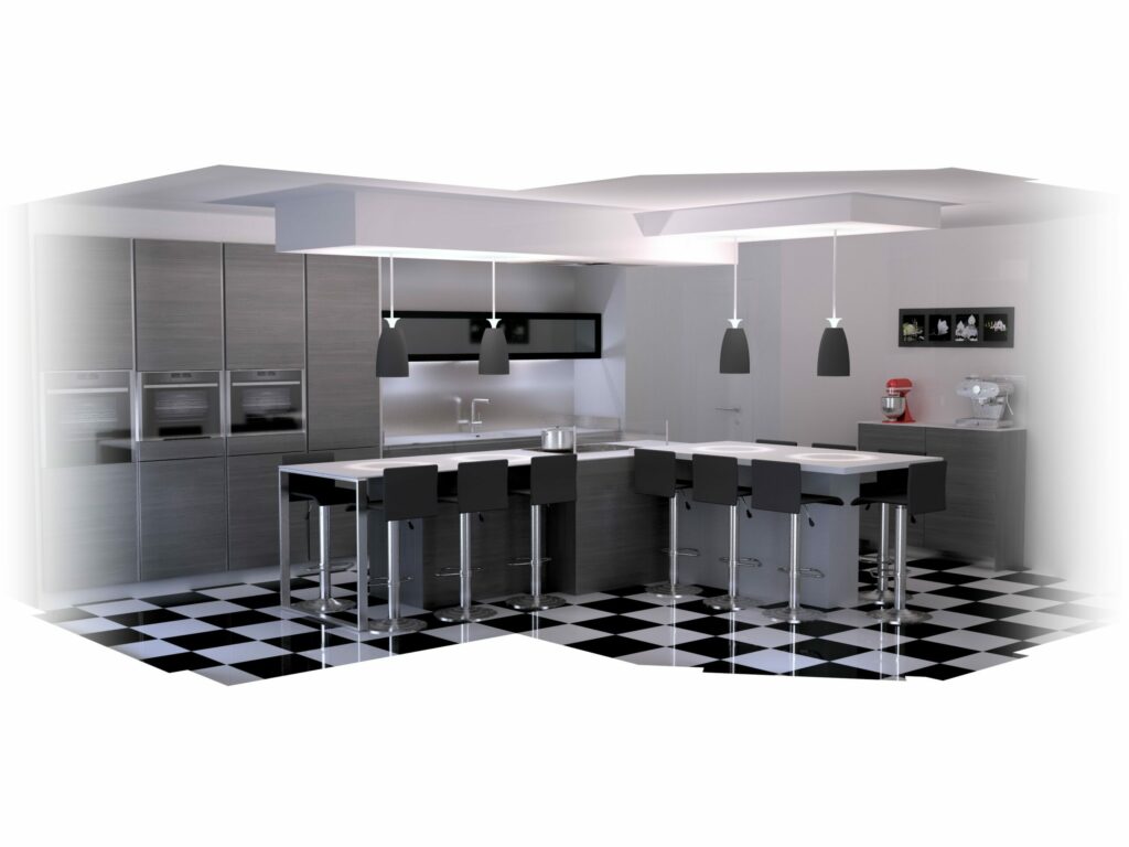 Cuisine moderne à Metz avec îlot central, meubles ROTPUNKT ZEROX SY, façades Sherwood Manhattan et meubles hauts en verre noir