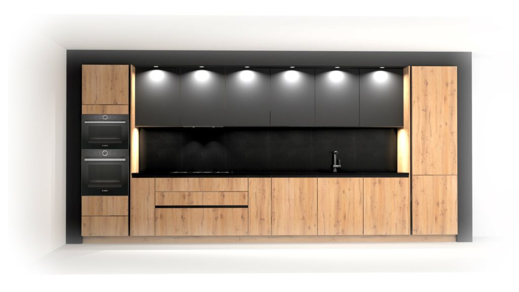 Cuisine Rotpunkt installée au Luxembourg, ce projet contemporain associe façades bois Old Wild Oak et noir mat, plan de travail en granit Nero Poli et éclairage LED intégré pour un rendu élégant et haut de gamme.