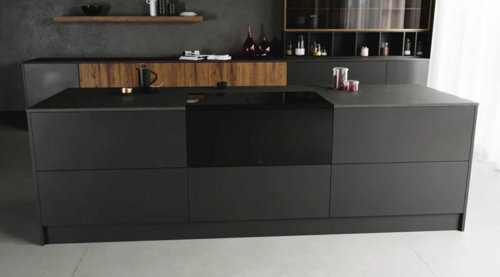 Électroménager tout-en-un Lhov intégré dans un îlot de cuisine moderne noir mat