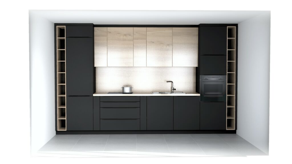 Projet de cuisine Rotpunkt bois Old Split Oak et noir mat avec étagères ouvertes à Esch-sur-Alzette