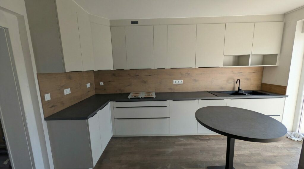 évier noir cuisine moderne avec coin snack et baie vitrée Tucquegnieux