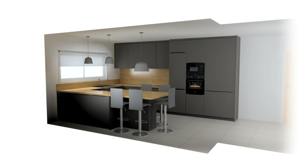 Projet de cuisine moderne à Cattenom-Husange avec façades Carbone Mat, plan de travail bois et table intégrée sur mesure.