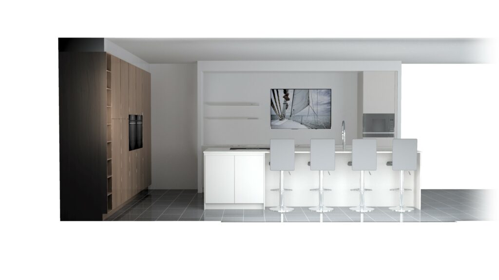 Projet de cuisine moderne au Luxembourg avec îlot central, façades ROTPUNKT Scandinavian Brown Oak et Zerox Beach Grey, plan de travail DEKTON Aura.