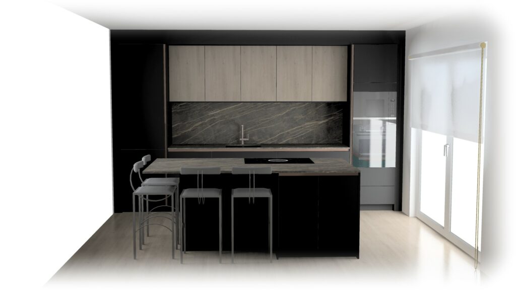 Projet de cuisine moderne Rotpunkt noir mat et bois avec îlot central à Hettange-Grande.