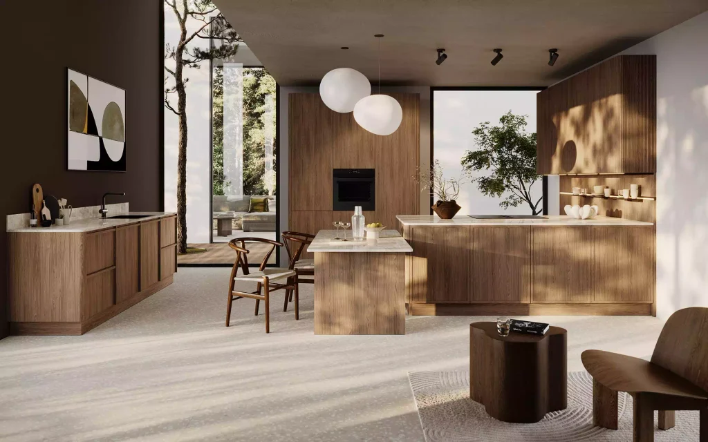 Cuisine ouverte en chêne Forest Brown Oak avec îlot central