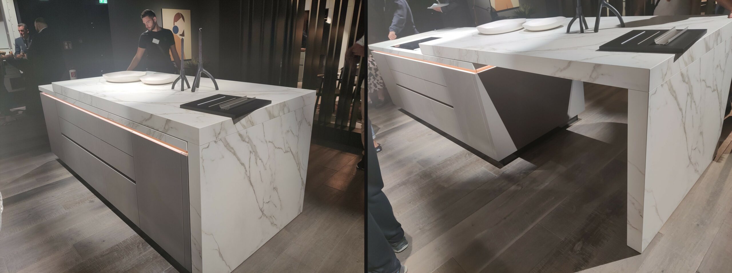 Îlot central de cuisine avec plan de travail coulissant en céramique effet marbre, présenté fermé puis ouvert pour libérer un espace repas.