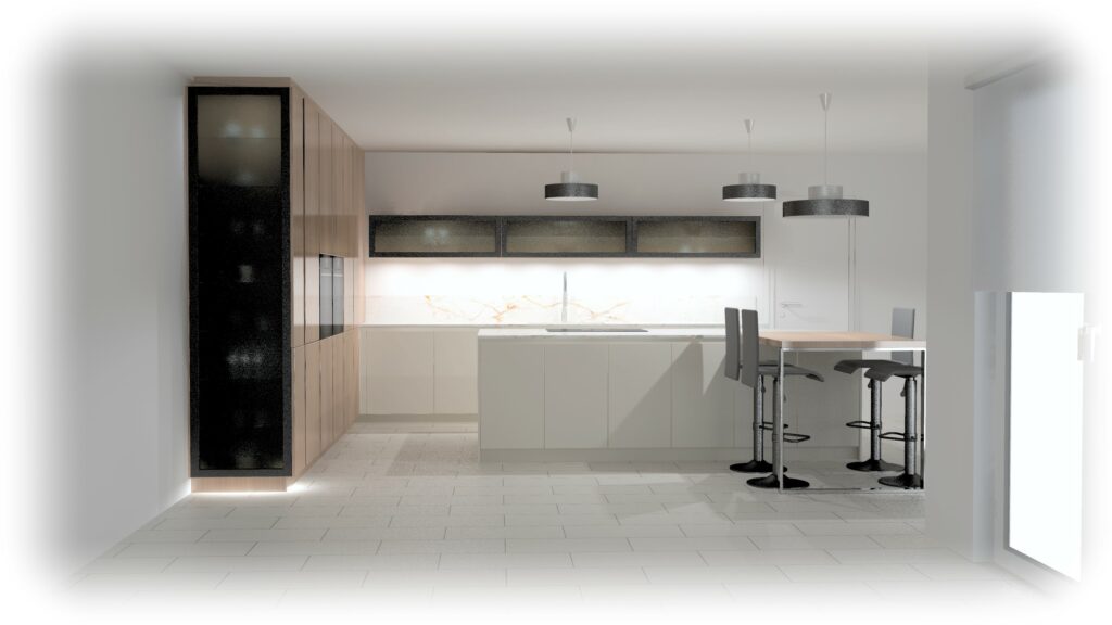 Visuel 3D d’une cuisine Rotpunkt en L avec îlot Beach Grey, vitrines noir fumé et table haute à Thionville