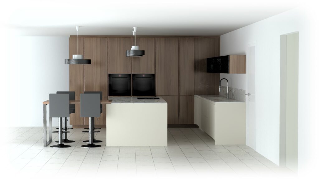 Visuel 3D de colonnes en chêne Scandinavian Brown Oak avec deux fours encastrés dans une cuisine Rotpunkt